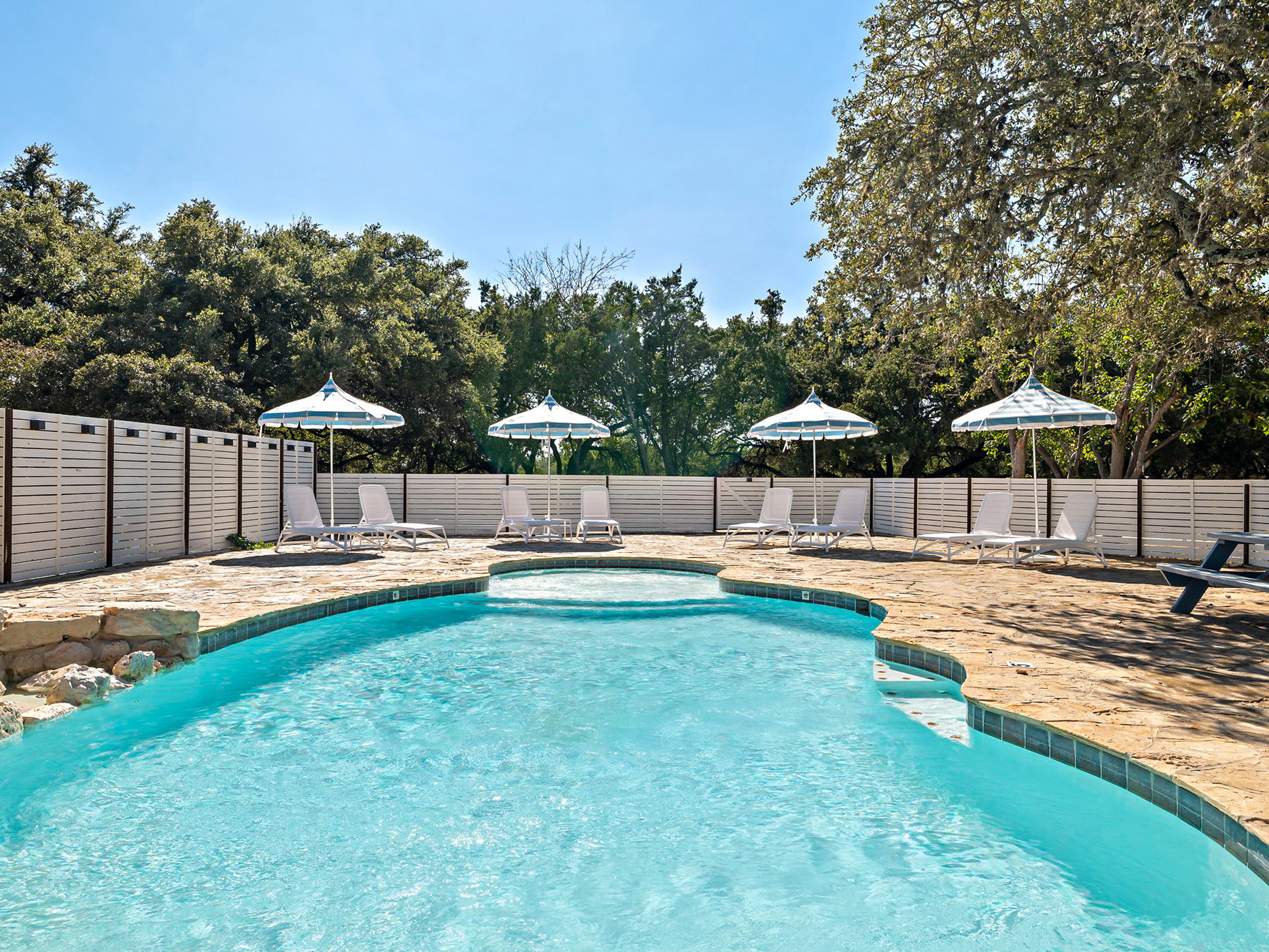 The pool at The Claire, with striped umbrellas and loungers under the oaks