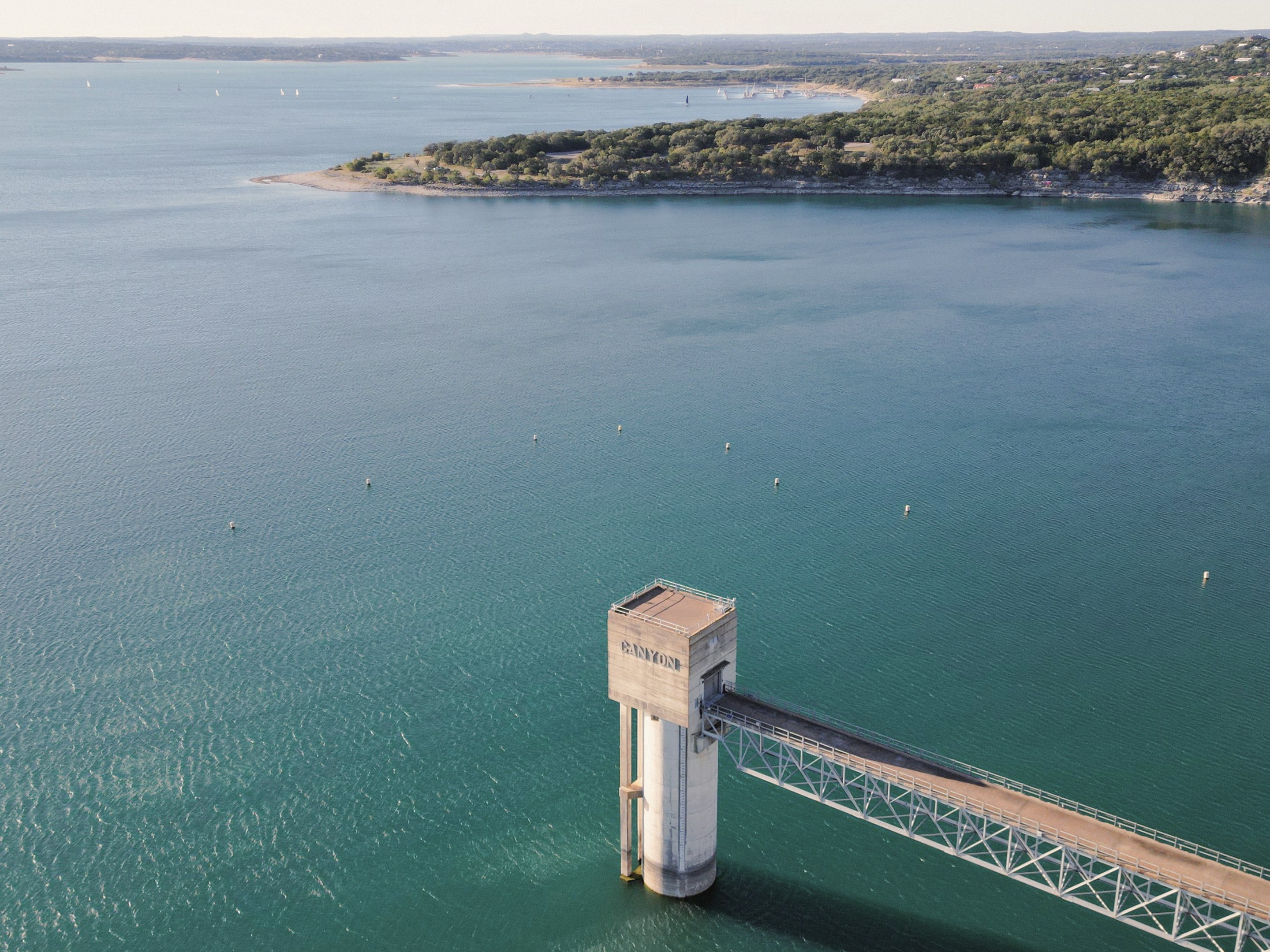 Canyon Lake and the intake tower from the air
