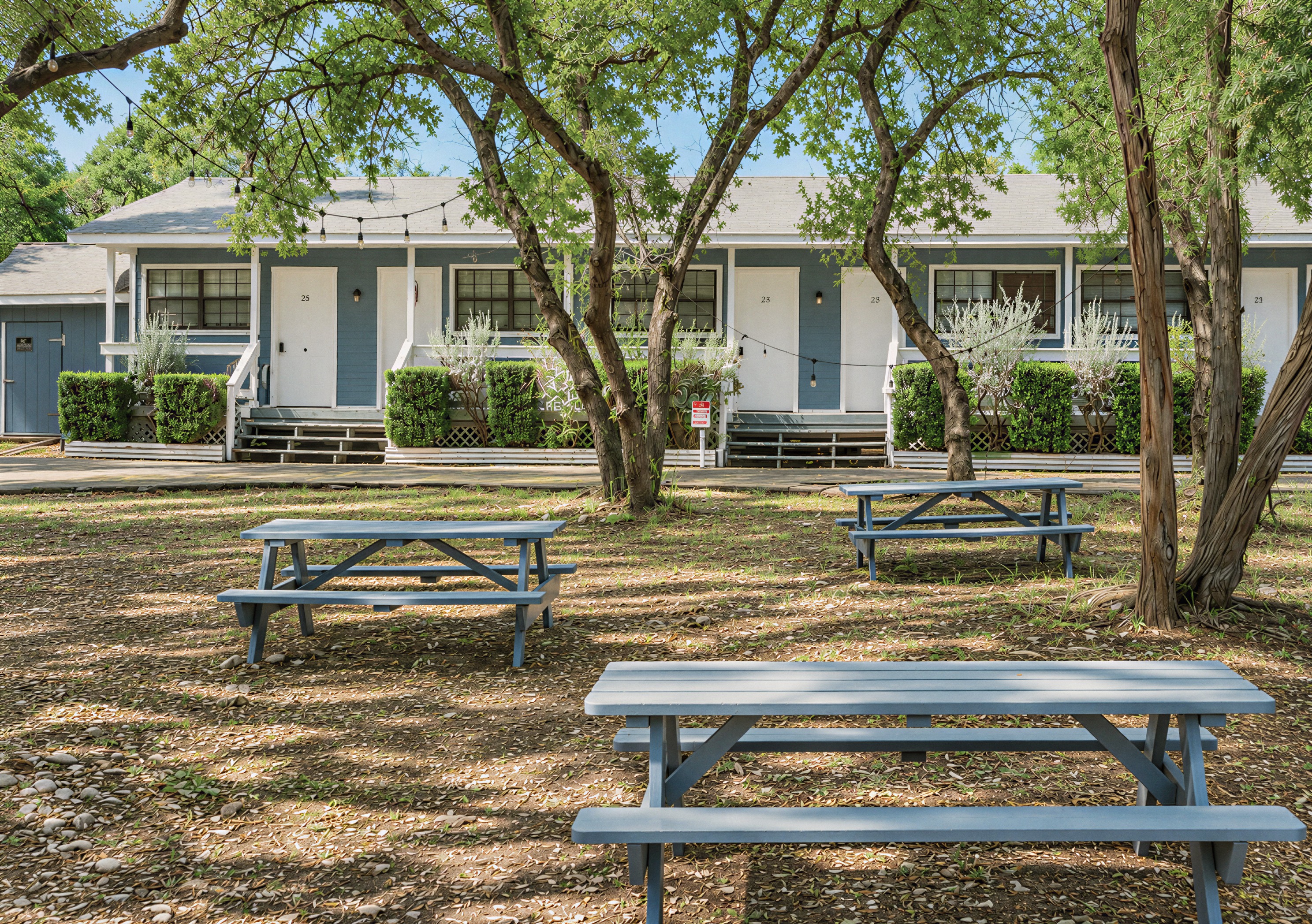Cottages and picnic tables under the oaks