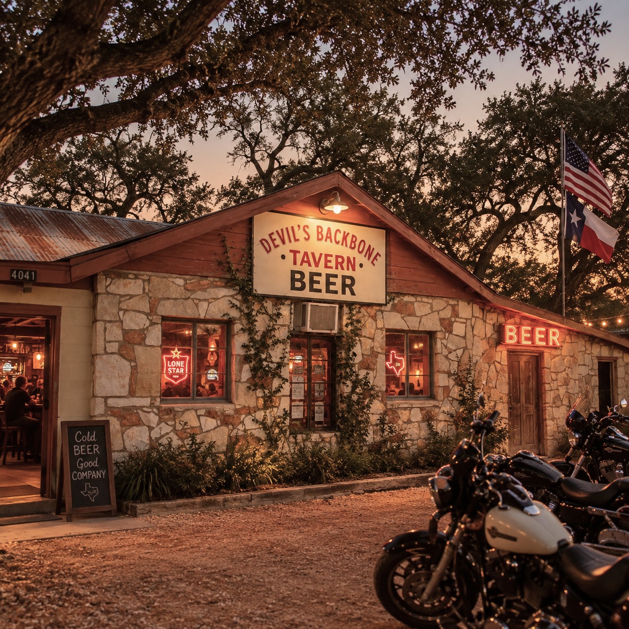 Devil's Backbone Tavern at dusk under the live oaks
