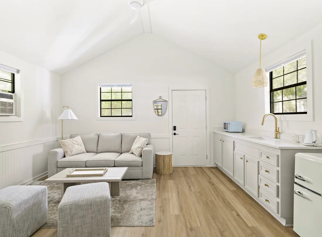 Cabin living room with a gray sofa